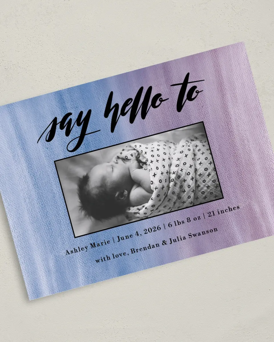 This is a 5" x 7" Birth Announcement Card called Say Hello printed in full color with Silver foil on Luxe Satin (coated) paper