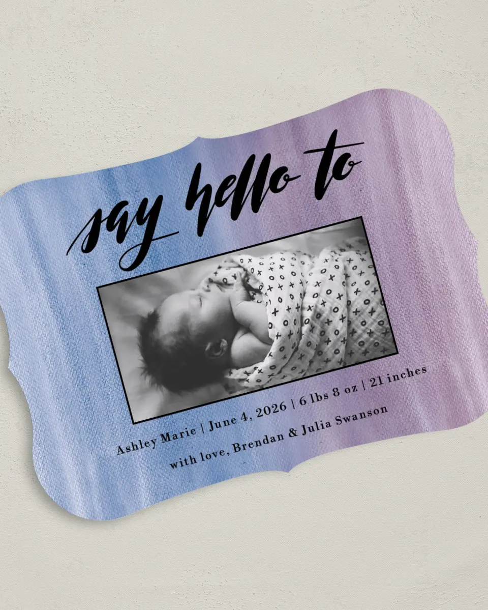 This is a 5" x 7" Birth Announcement Card called Say Hello printed in full color on Premium Smooth paper