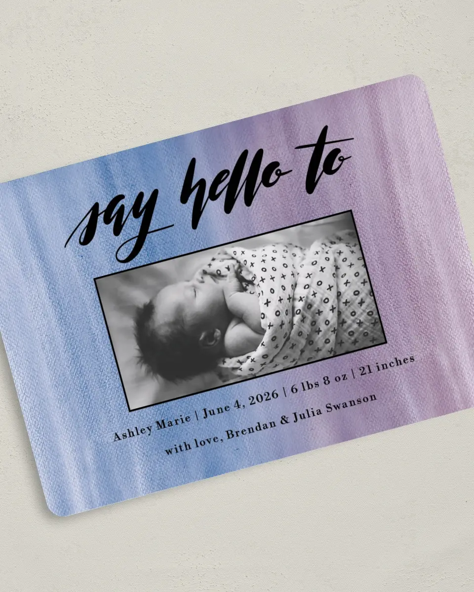 This is a 5" x 7" Birth Announcement Card called Say Hello printed in full color on Premium Smooth paper