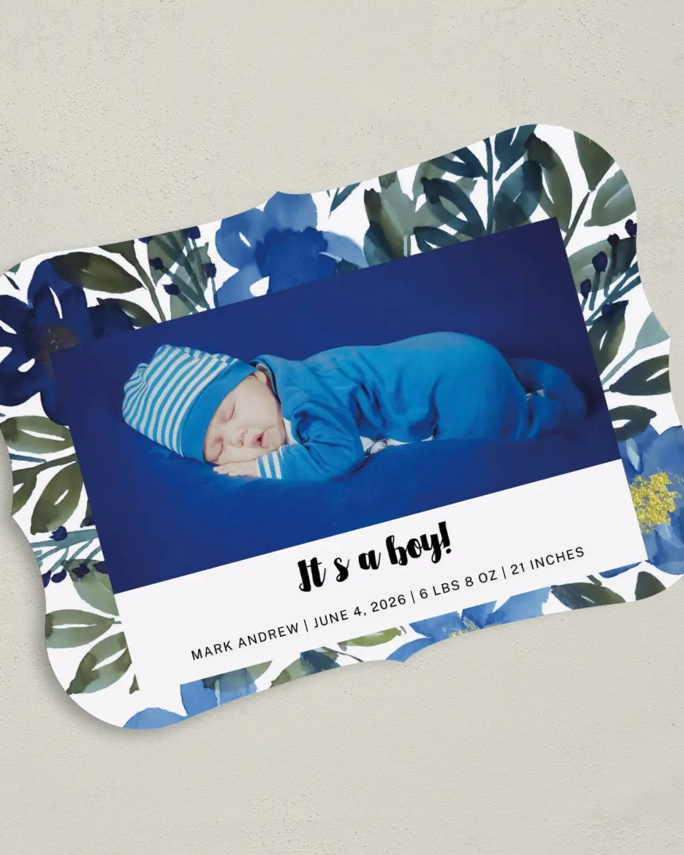This is a 5" x 7" Birth Announcement Card called Budding Boy printed in full color on Premium Smooth paper