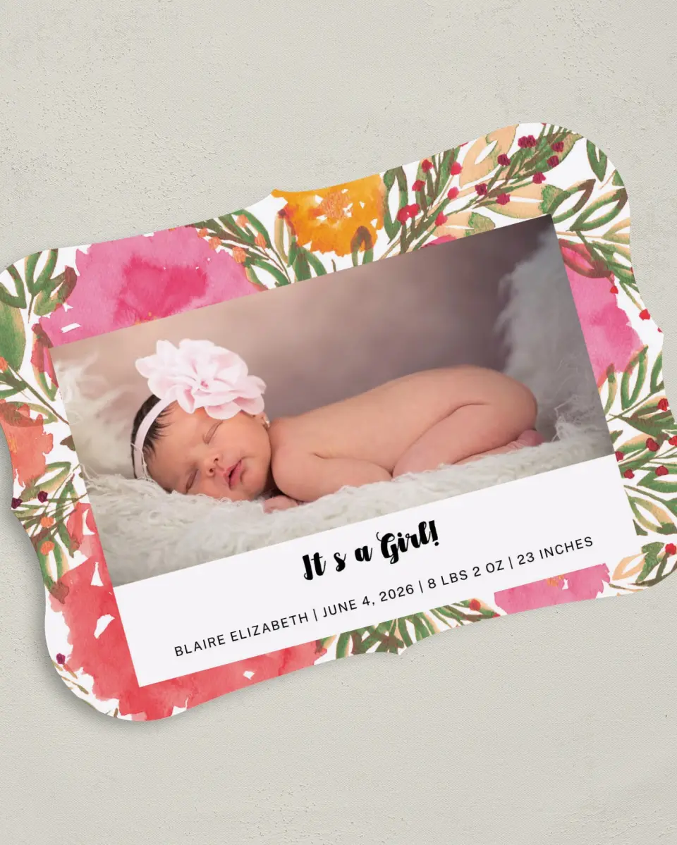 This is a 5" x 7" Birth Announcement Card called Budding Girl printed in full color on Premium Smooth paper