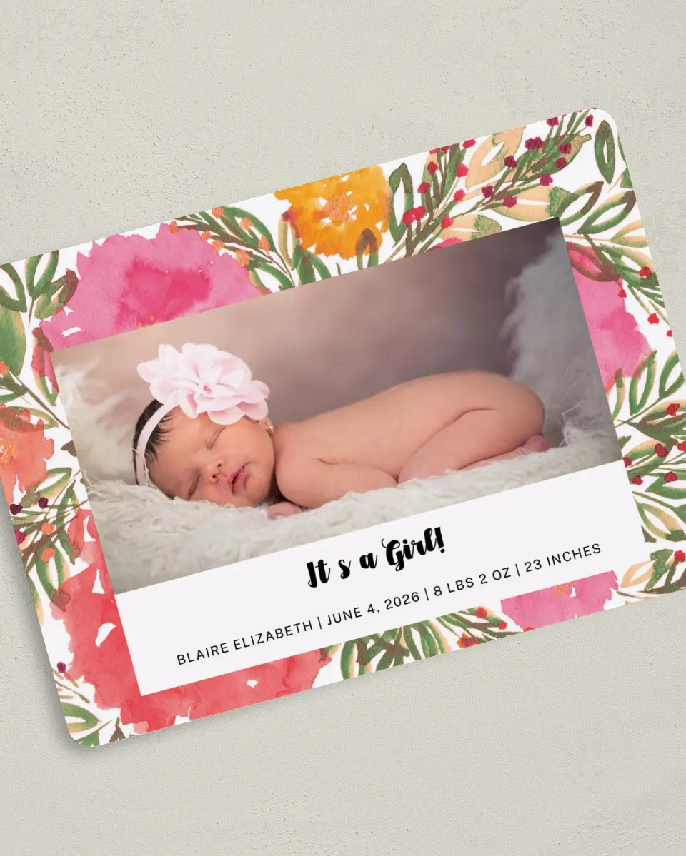 This is a 5" x 7" Birth Announcement Card called Budding Girl printed in full color on Premium Smooth paper