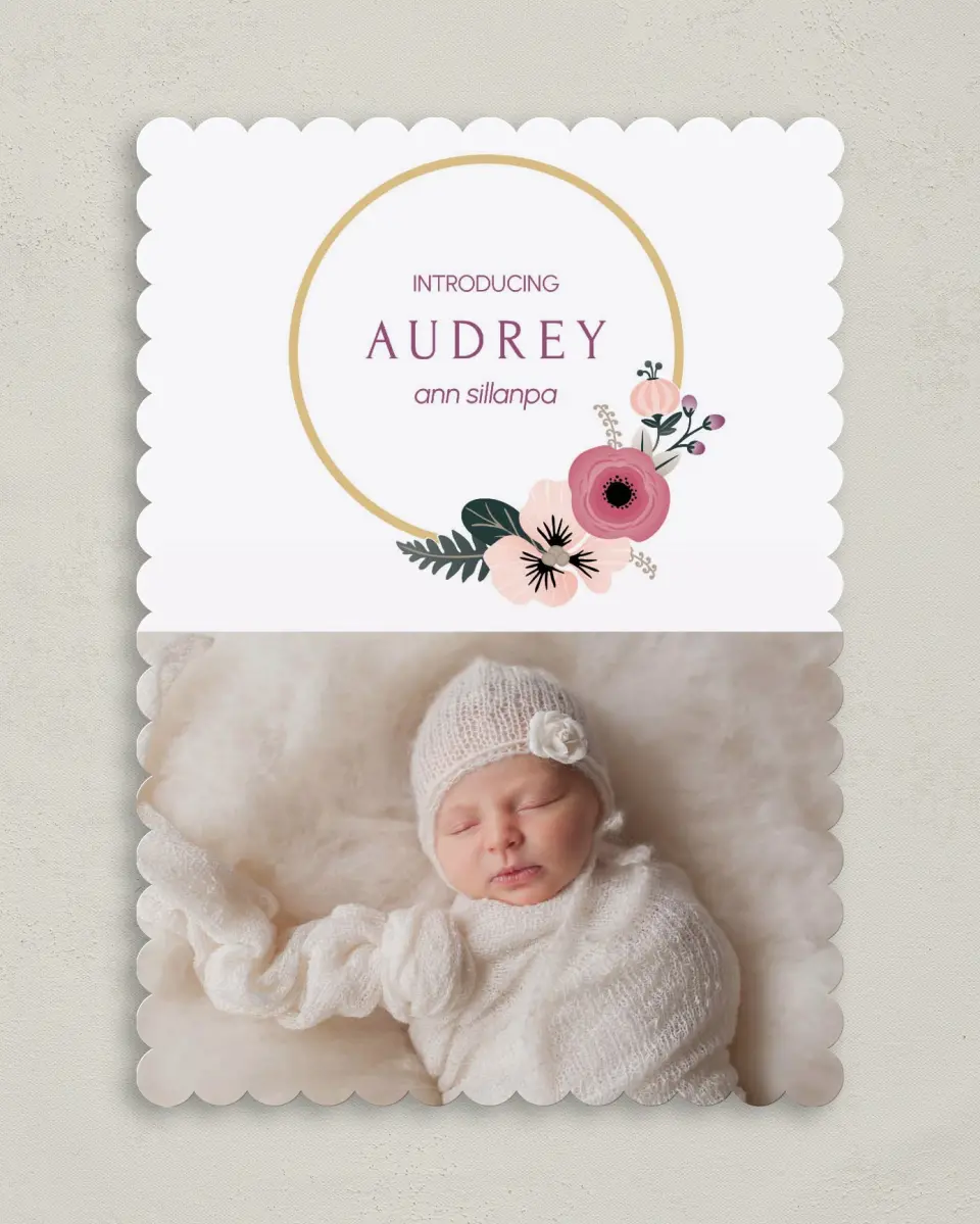 This is a 5" x 7" Birth Announcement Card called Bespoke Baby printed in full color on Premium Smooth paper