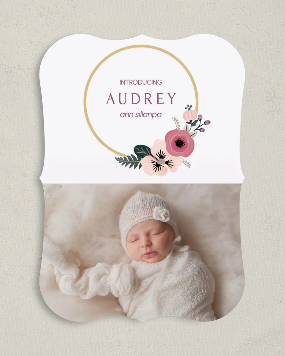 This is a 5" x 7" Birth Announcement Card called Bespoke Baby printed in full color on Premium Smooth paper
