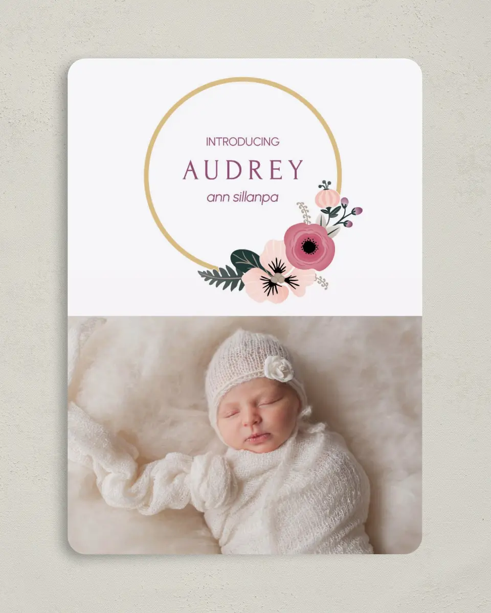 This is a 5" x 7" Birth Announcement Card called Bespoke Baby printed in full color with Silver foil on Luxe Satin (coated) paper