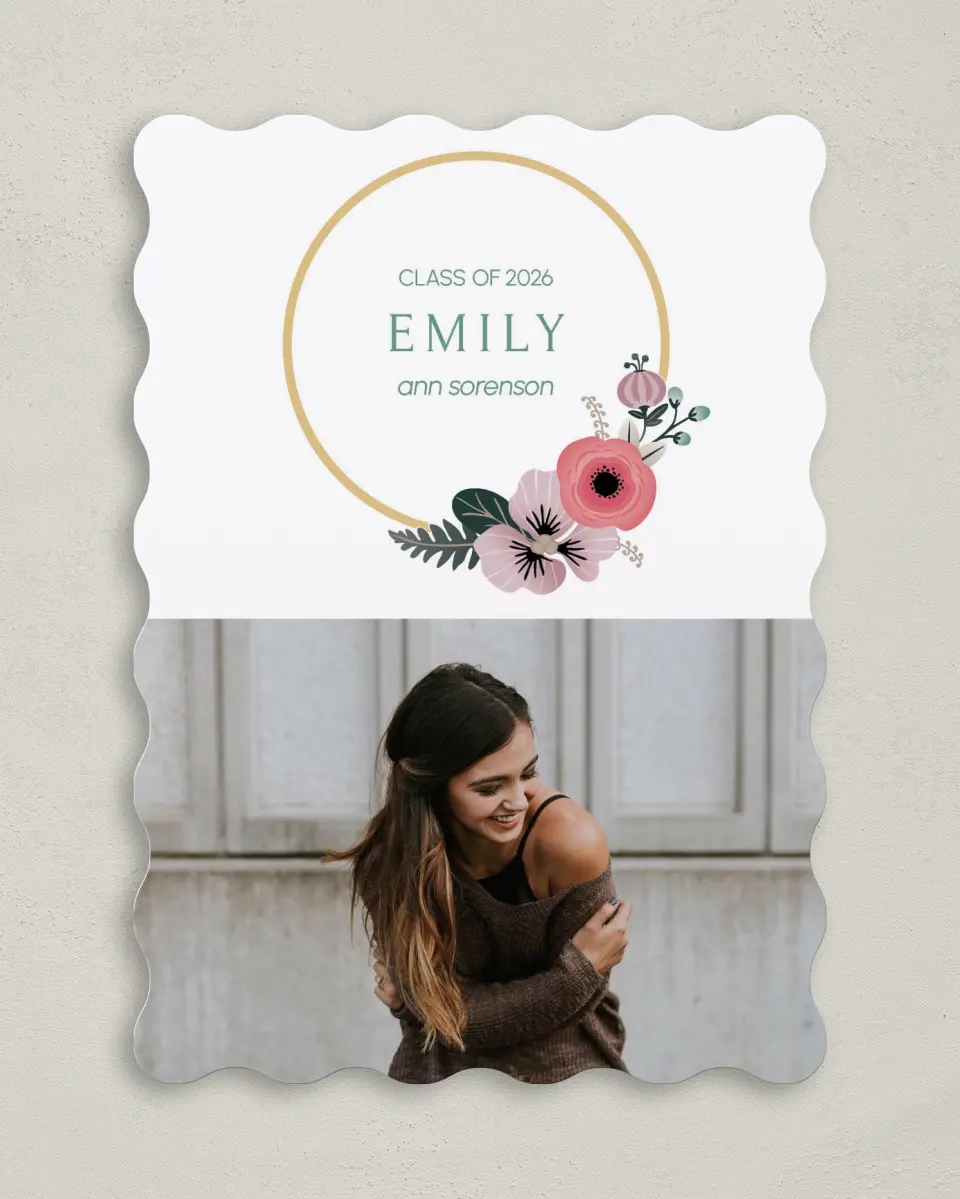 This is a 5" x 7" Graduation Announcement Card called Bespoke Wreath printed in full color with Silver foil on Luxe Satin (coated) paper