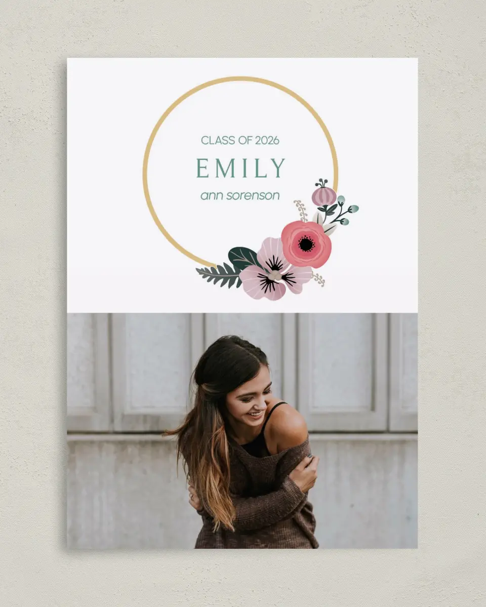 This is a 5" x 7" Graduation Announcement Card called Bespoke Wreath printed in full color on Premium Smooth paper