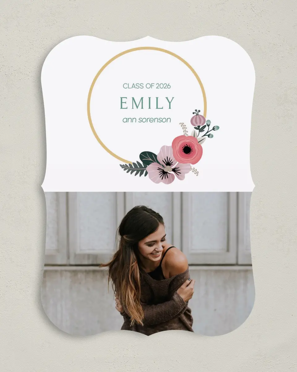 This is a 5" x 7" Graduation Announcement Card called Bespoke Wreath printed in full color on Premium Smooth paper