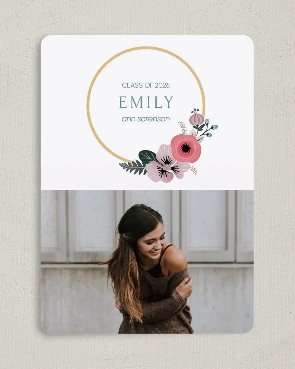 This is a 5" x 7" Graduation Announcement Card called Bespoke Wreath printed in full color on Premium Smooth paper