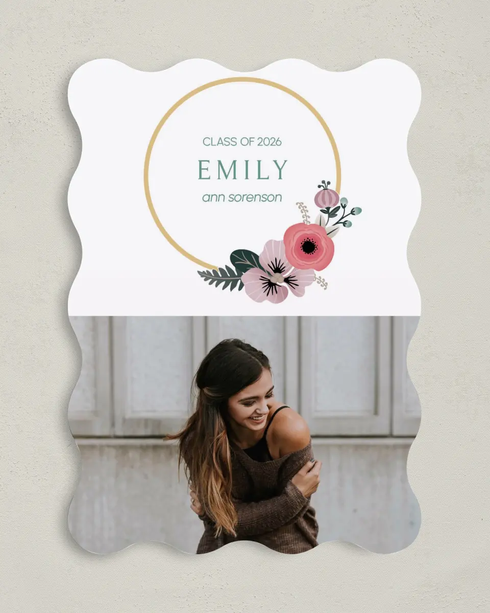 This is a 5" x 7" Graduation Announcement Card called Bespoke Wreath printed in full color with Rose Gold foil on Luxe Satin (coated) paper