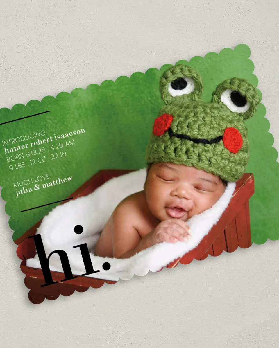 This is a 5" x 7" Birth Announcement Card called Sweet Greeting printed in full color on Premium Smooth paper