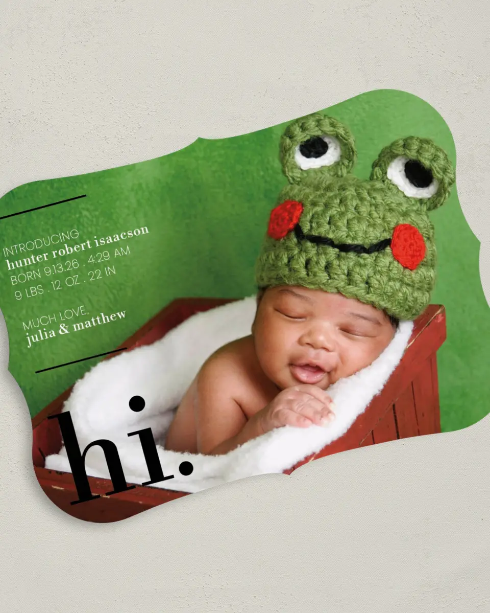 This is a 5" x 7" Birth Announcement Card called Sweet Greeting printed in full color on Premium Smooth paper