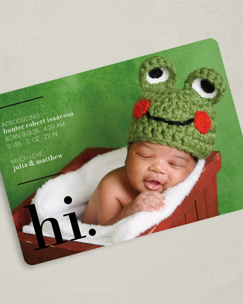 This is a 5" x 7" Birth Announcement Card called Sweet Greeting printed in full color with Silver foil on Luxe Satin (coated) paper