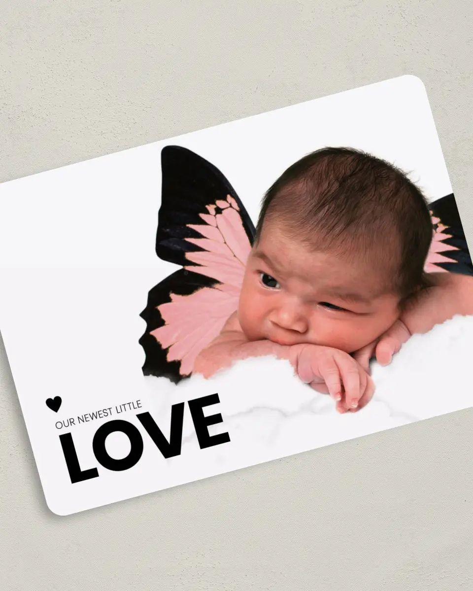This is a 5" x 7" Birth Announcement Card called Modern Blessing printed in full color with Silver foil on Luxe Satin (coated) paper