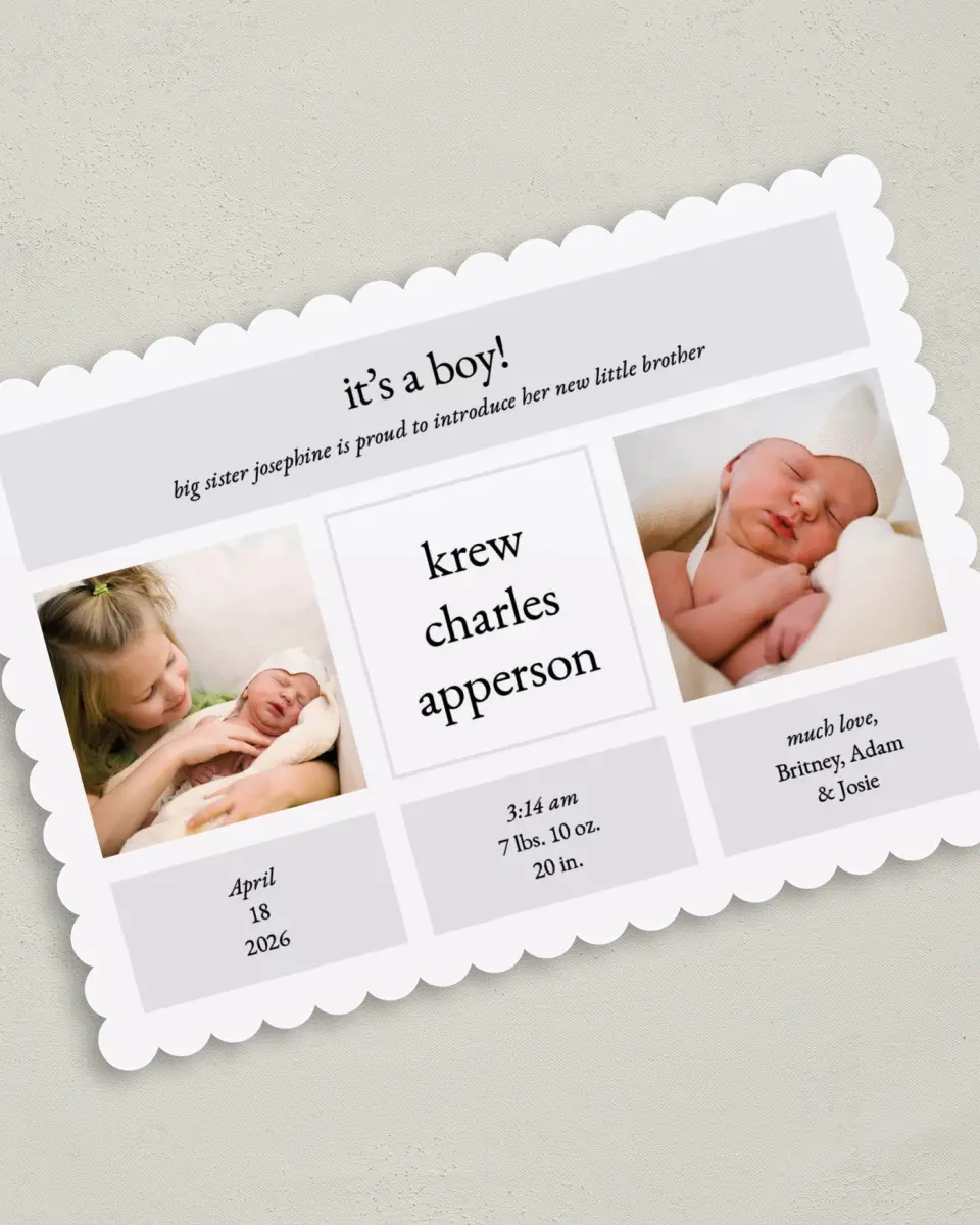This is a 5" x 7" Birth Announcement Card called Stacked Statistics printed in full color on Premium Smooth paper
