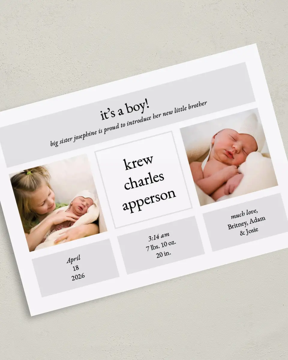 This is a 5" x 7" Birth Announcement Card called Stacked Statistics printed in full color with Silver foil on Luxe Satin (coated) paper