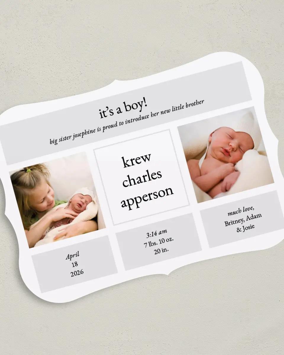 This is a 5" x 7" Birth Announcement Card called Stacked Statistics printed in full color on Premium Smooth paper