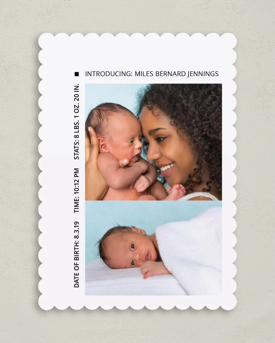This is a 5" x 7" Birth Announcement Card called Confetti Cutie printed in full color on Premium Smooth paper
