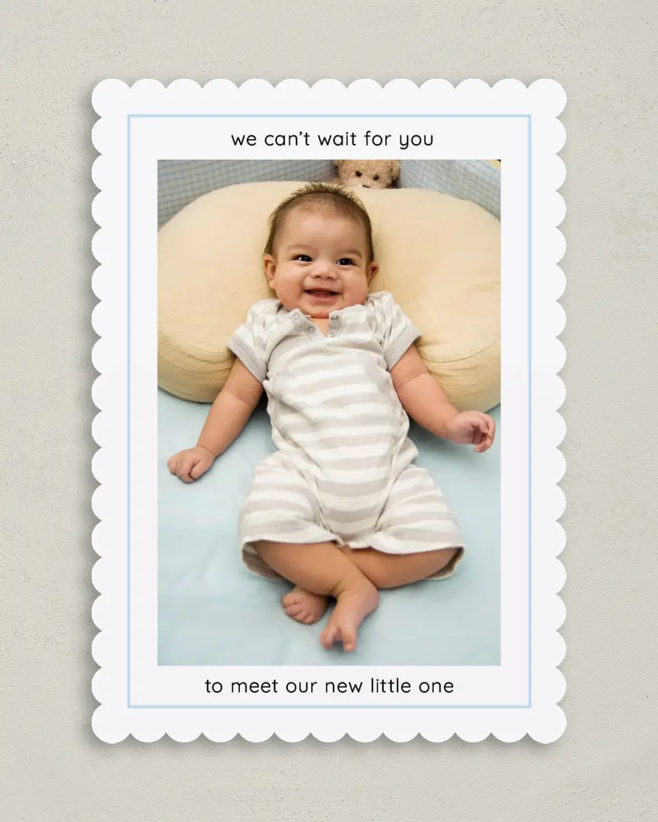 This is a 5" x 7" Birth Announcement Card called Framed Affection printed in full color on Premium Smooth paper