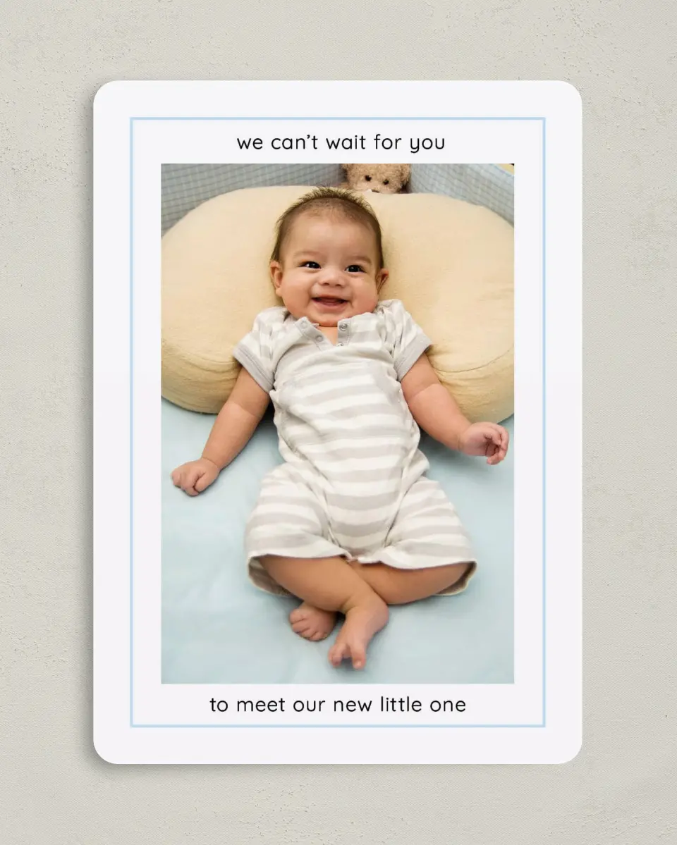 This is a 5" x 7" Birth Announcement Card called Framed Affection printed in full color with Silver foil on Luxe Satin (coated) paper