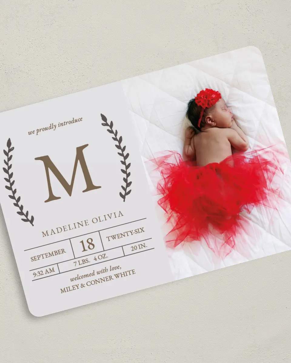 This is a 5" x 7" Birth Announcement Card called Rustic Treasure printed in full color with Silver foil on Luxe Satin (coated) paper