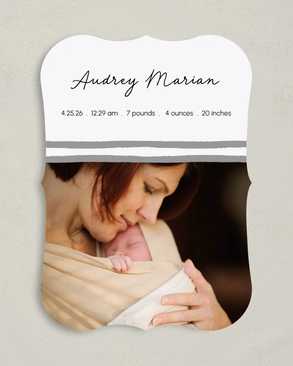 This is a 5" x 7" Birth Announcement Card called Wavy Wonder printed in full color on Premium Smooth paper