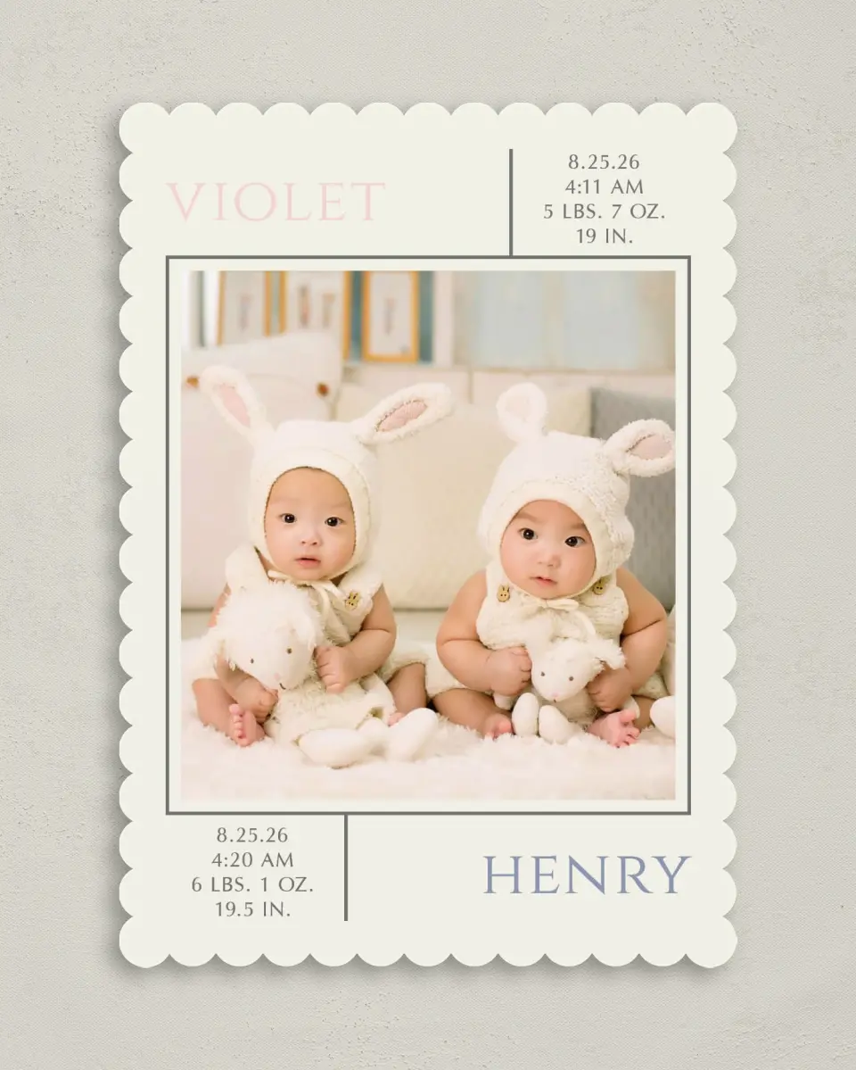 This is a 5" x 7" Birth Announcement Card called Two Little Loves printed in full color on Premium Smooth paper