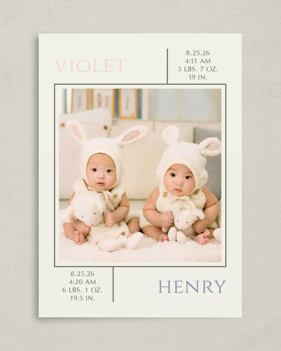 This is a 5" x 7" Birth Announcement Card called Two Little Loves printed in full color on Premium Smooth paper