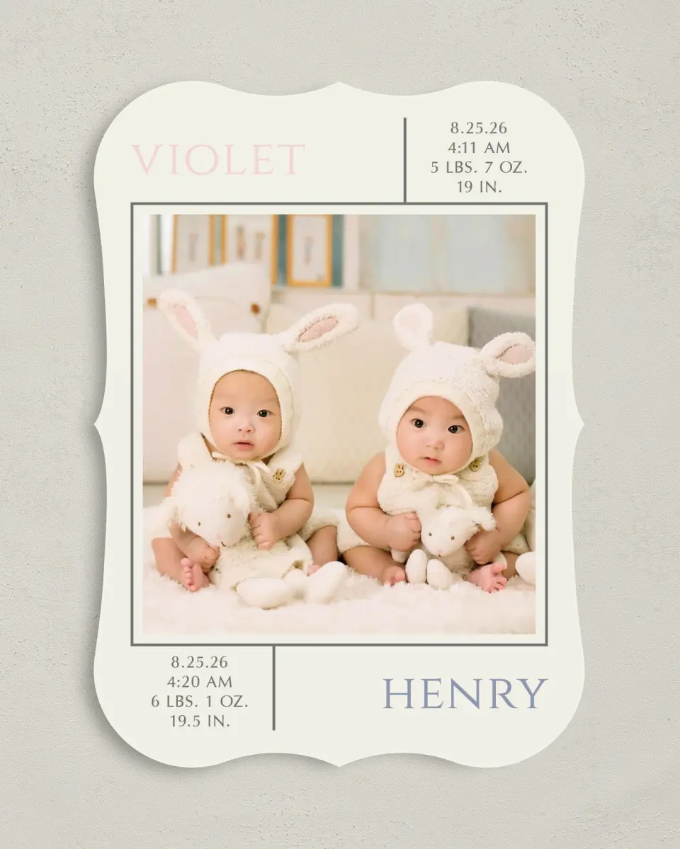 This is a 5" x 7" Birth Announcement Card called Two Little Loves printed in full color on Premium Smooth paper