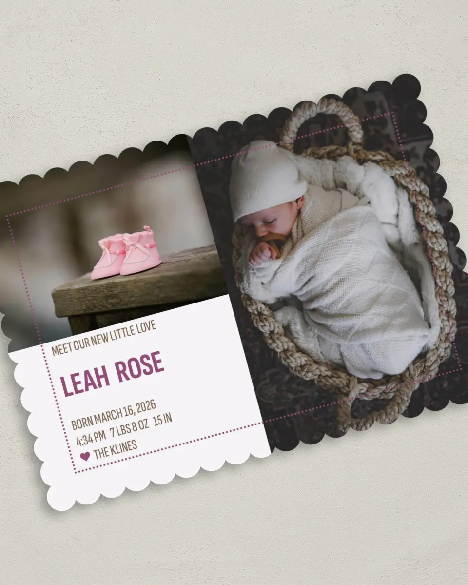 This is a 5" x 7" Birth Announcement Card called Little Love Dots printed in full color on Premium Smooth paper