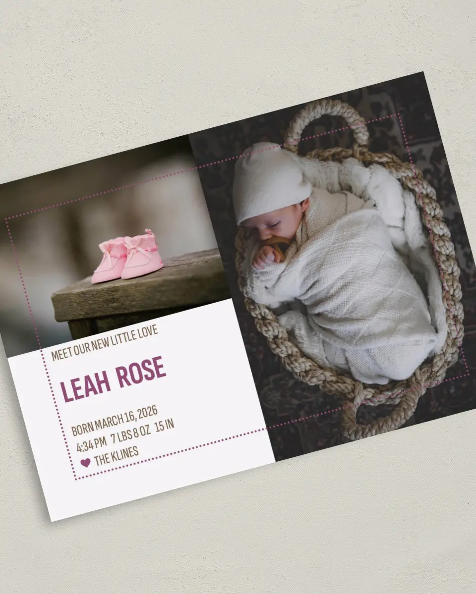 This is a 5" x 7" Birth Announcement Card called Little Love Dots printed in full color with Silver foil on Luxe Satin (coated) paper