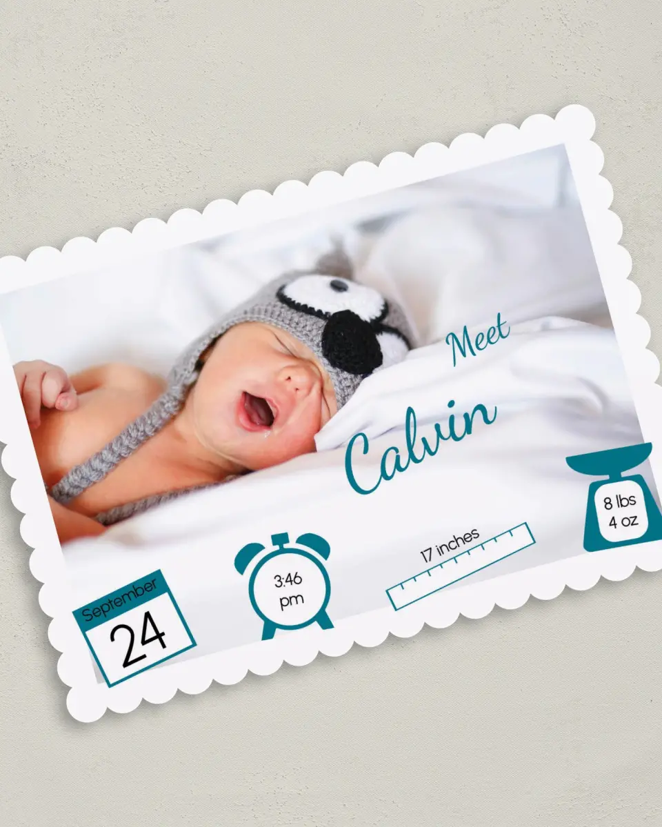 This is a 5" x 7" Birth Announcement Card called Iconic Baby Stats printed in full color on Premium Smooth paper