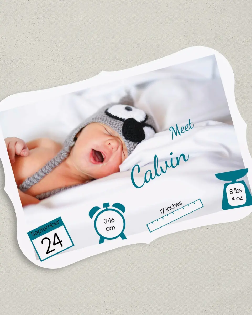 This is a 5" x 7" Birth Announcement Card called Iconic Baby Stats printed in full color on Premium Smooth paper
