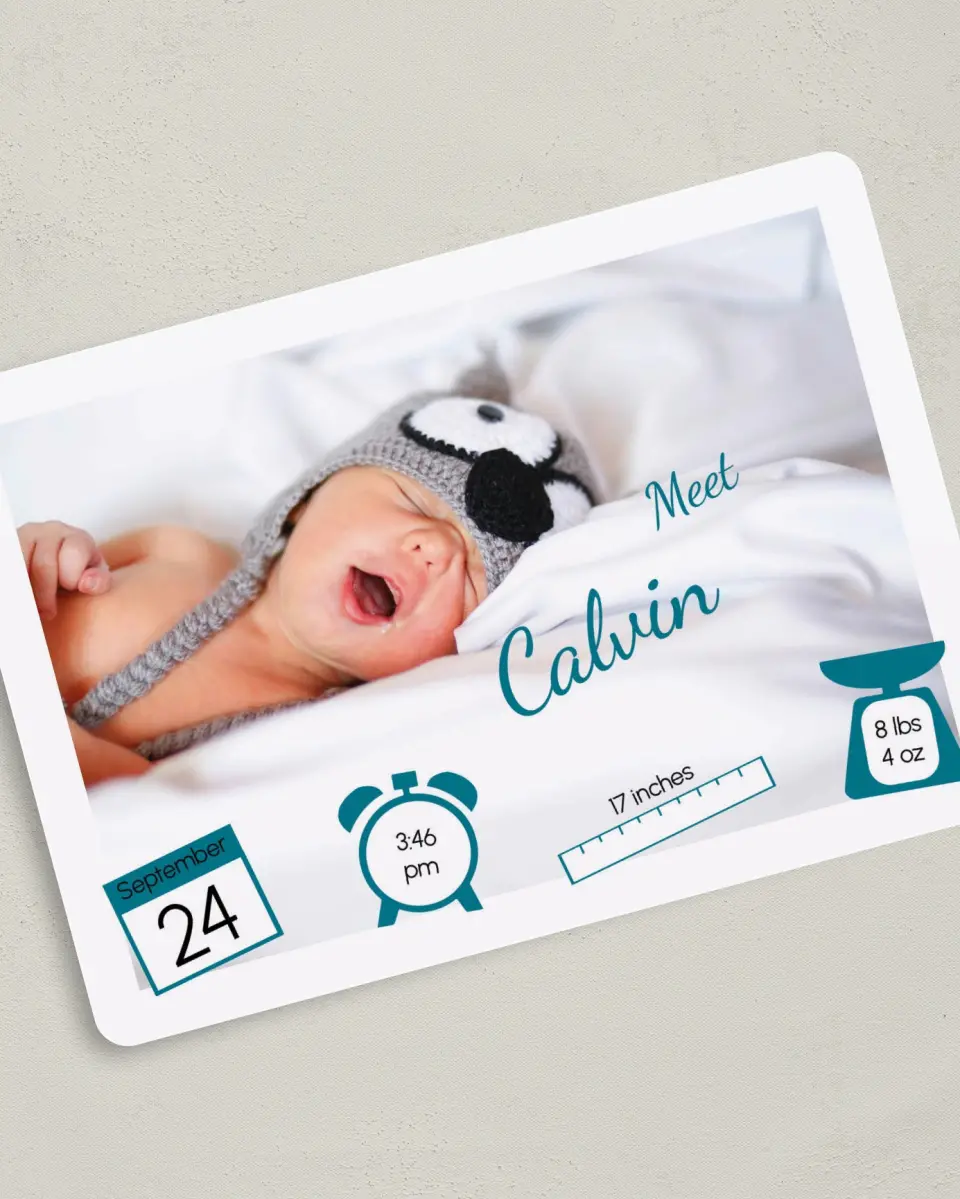 This is a 5" x 7" Birth Announcement Card called Iconic Baby Stats printed in full color with Silver foil on Luxe Satin (coated) paper