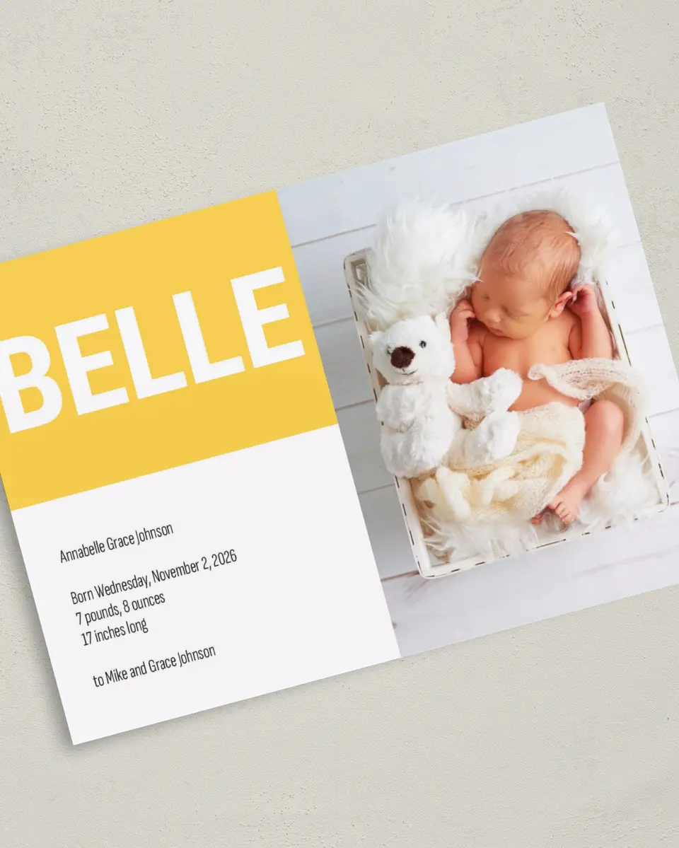 This is a 5" x 7" Birth Announcement Card called Modern Darling printed in full color with Silver foil on Luxe Satin (coated) paper