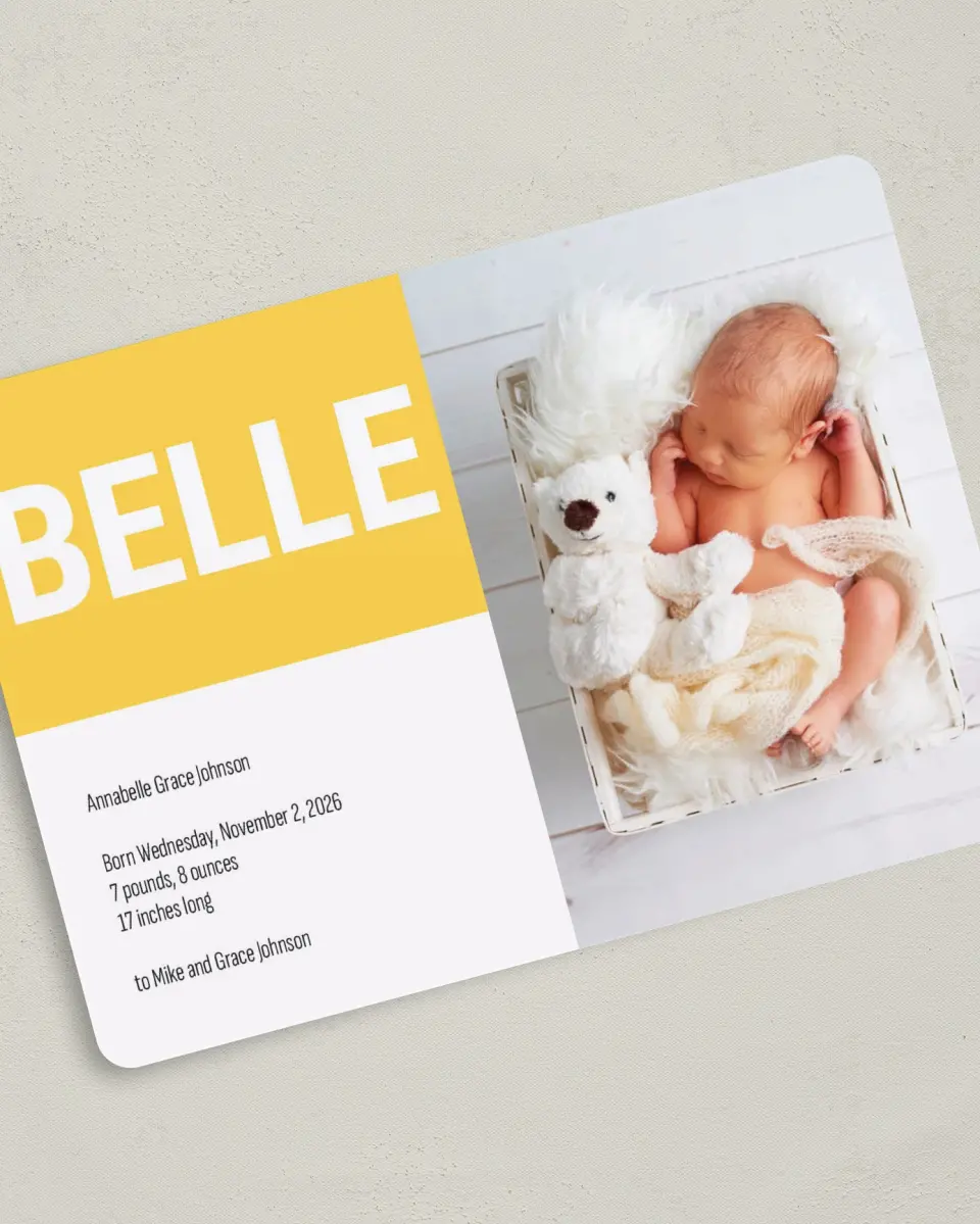 This is a 5" x 7" Birth Announcement Card called Modern Darling printed in full color with Silver foil on Luxe Satin (coated) paper