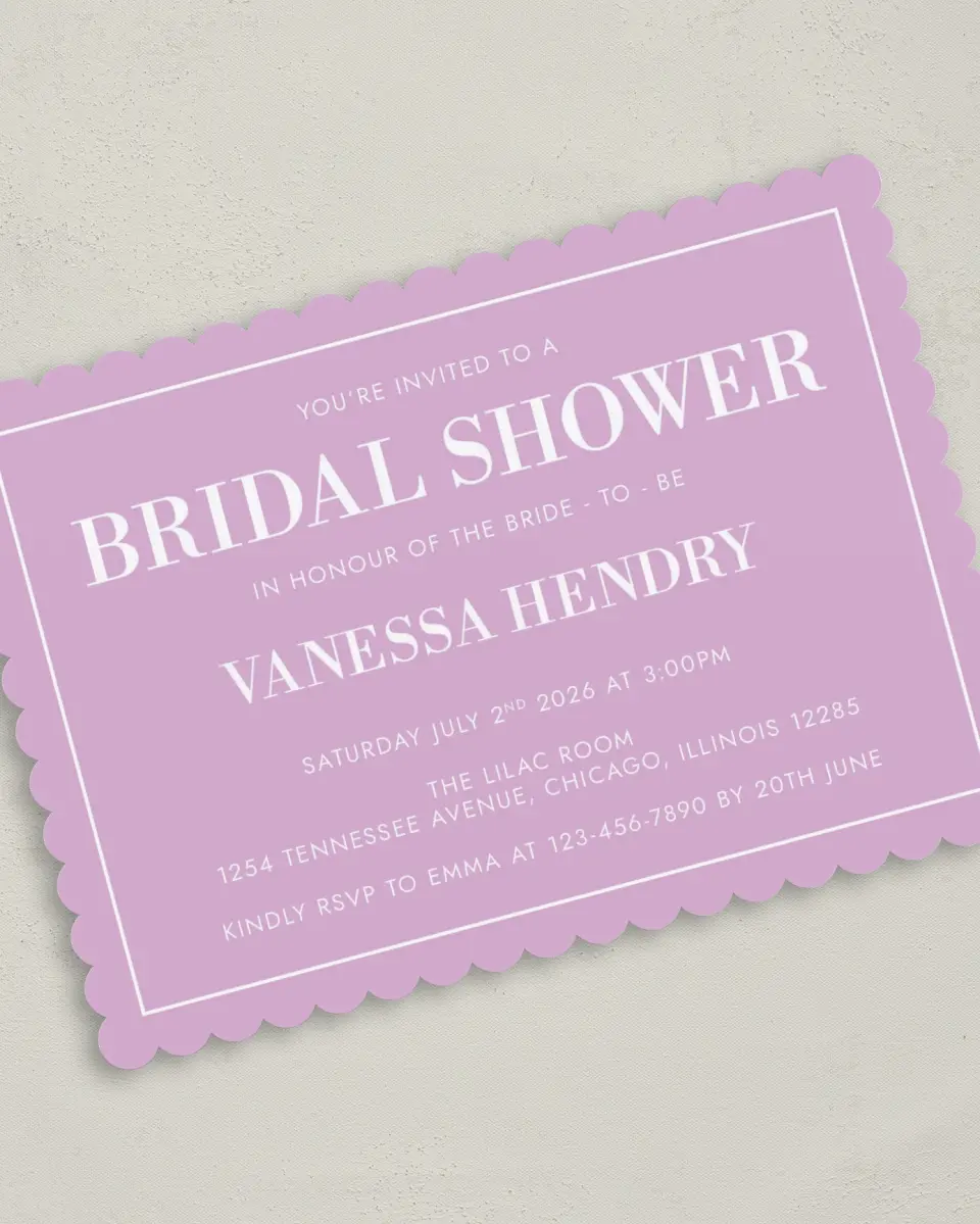 This is a 5" x 7" Bridal Shower Invitation called Mod Bride-To-Be printed in full color with Silver foil on Luxe Satin (coated) paper