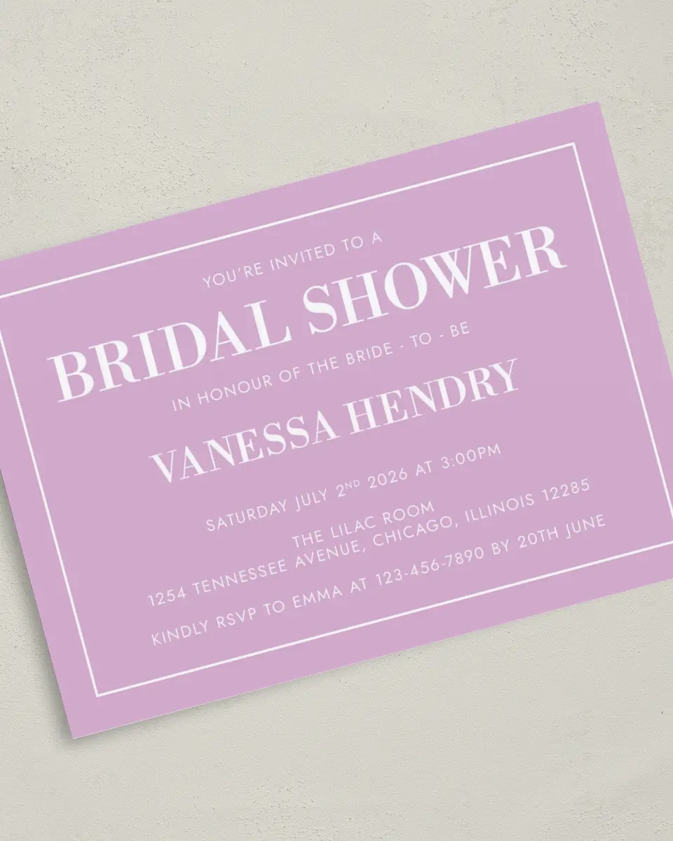 This is a 5" x 7" Bridal Shower Invitation called Mod Bride-To-Be printed in full color with Silver foil on Luxe Satin (coated) paper
