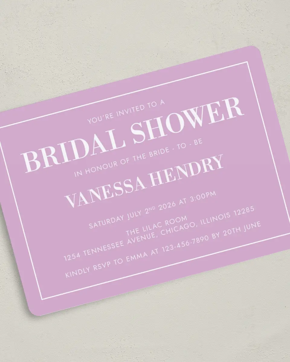 This is a 5" x 7" Bridal Shower Invitation called Mod Bride-To-Be printed in full color with Gold foil on Luxe Satin (coated) paper