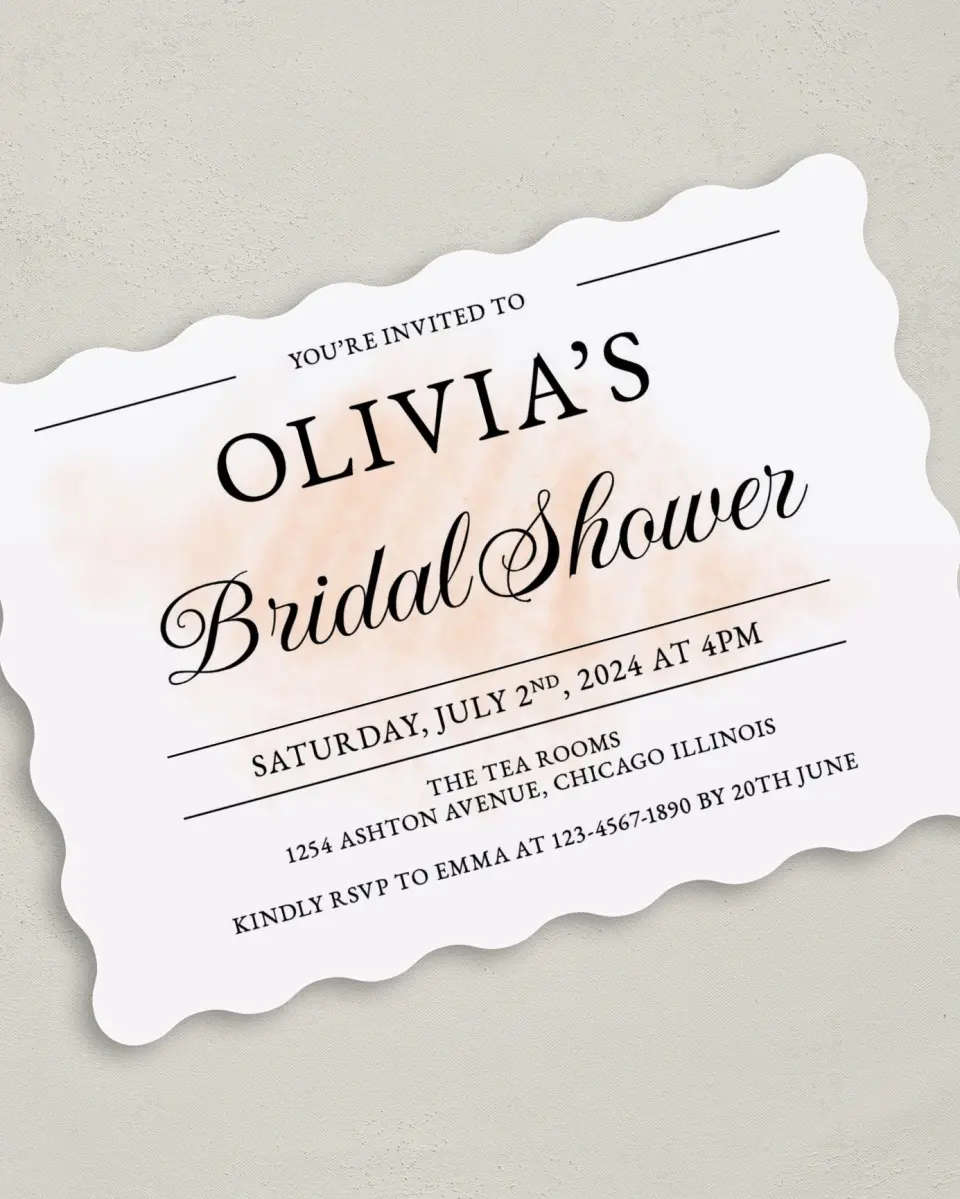 This is a 5" x 7" Bridal Shower Invitation called Blushing Bliss printed in full color with Gold foil on Luxe Satin (coated) paper
