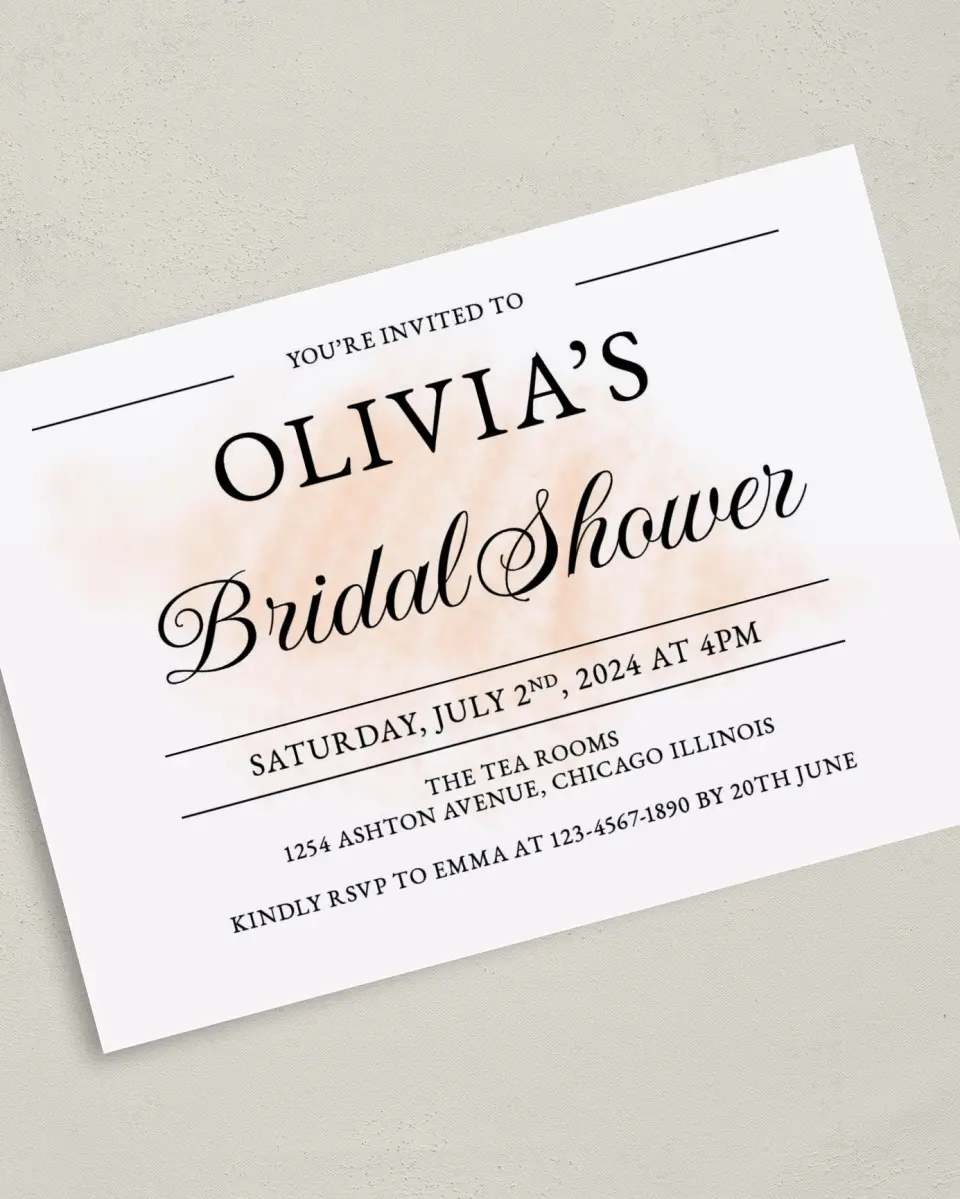 This is a 5" x 7" Bridal Shower Invitation called Blushing Bliss printed in full color with Gold foil on Luxe Satin (coated) paper