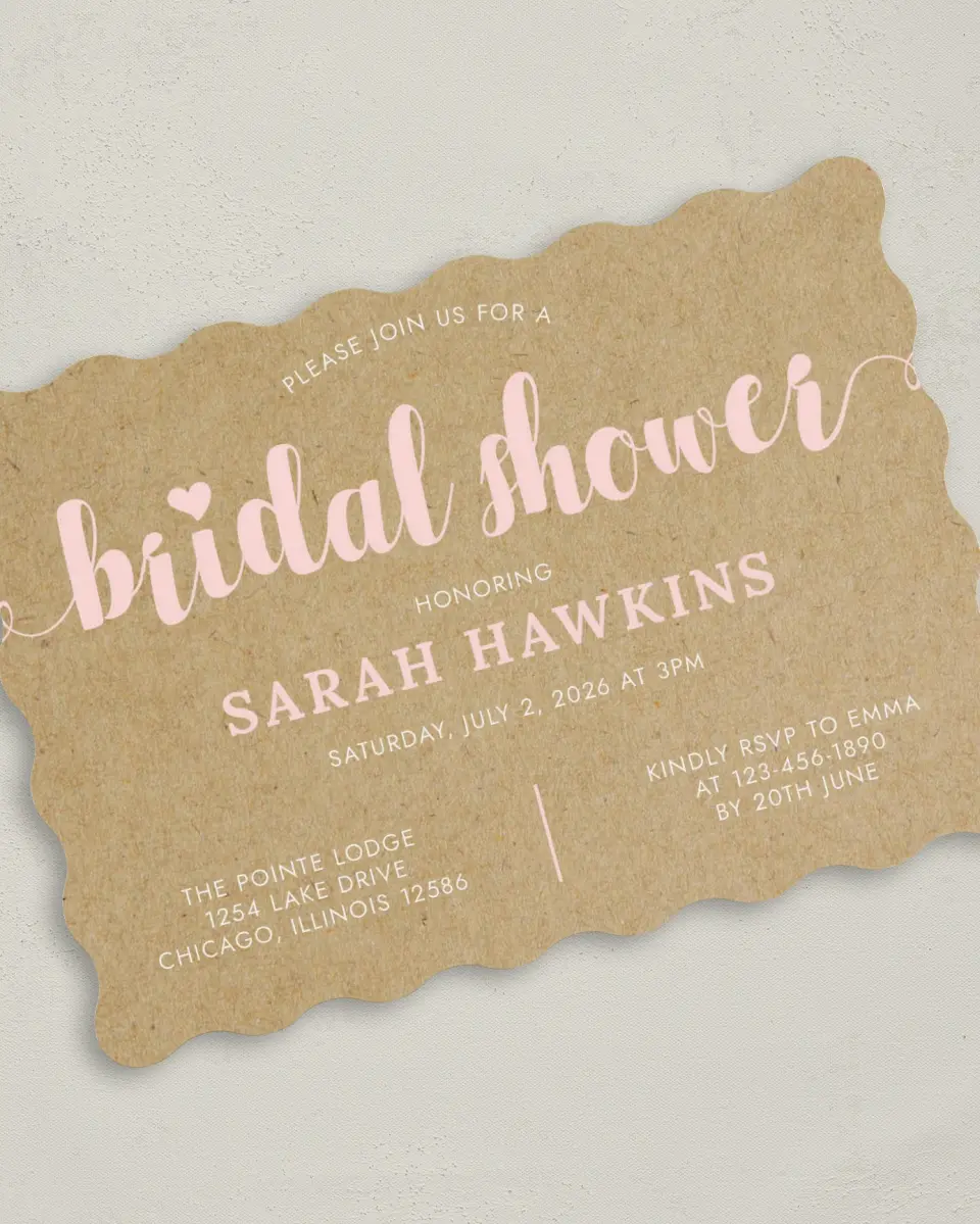 This is a 5" x 7" Bridal Shower Invitation called Sweetly Krafted printed in full color on Premium Smooth paper