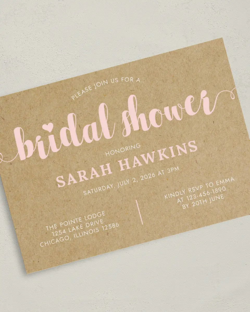 This is a 5" x 7" Bridal Shower Invitation called Sweetly Krafted printed in full color with Gold foil on Luxe Satin (coated) paper