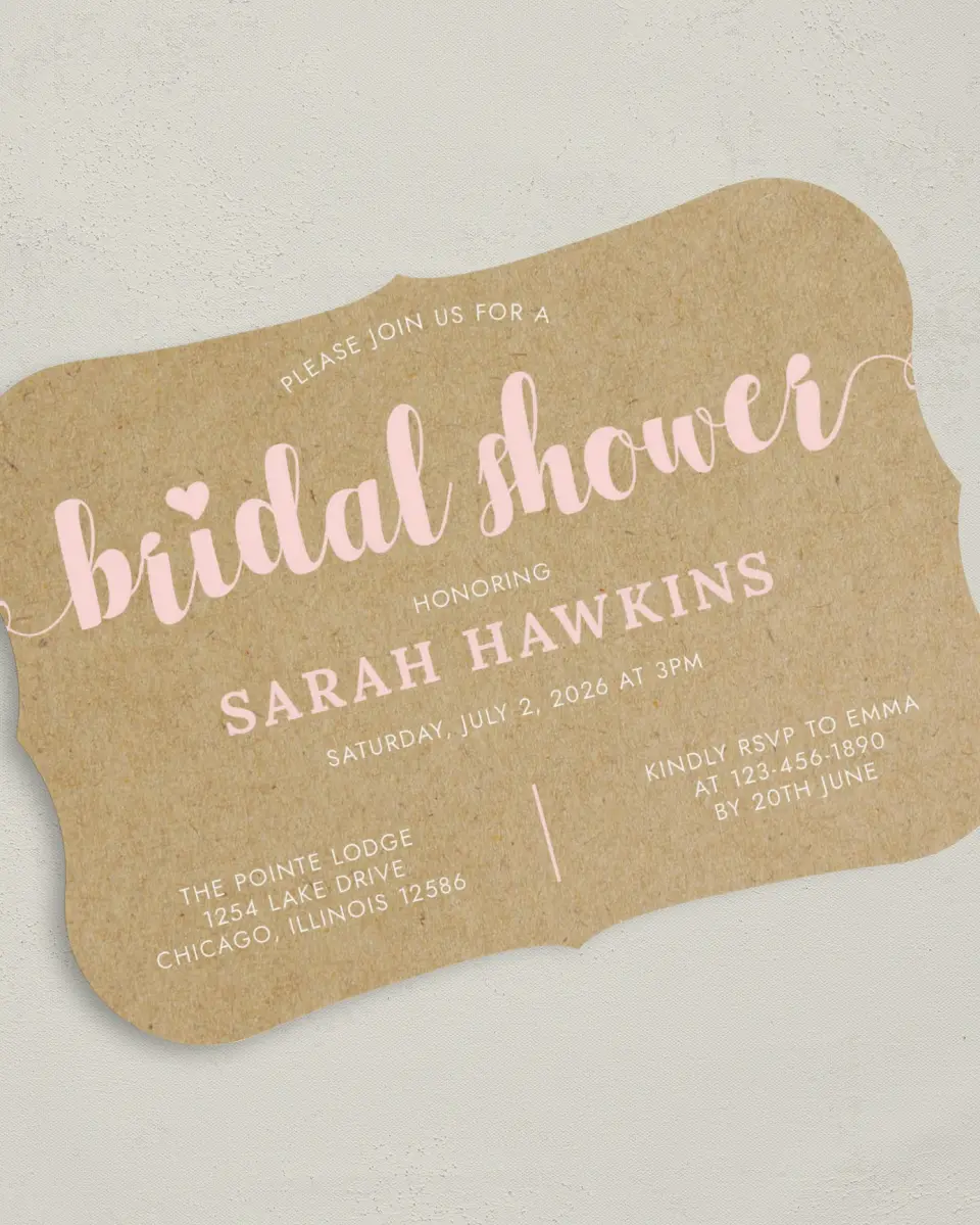 This is a 5" x 7" Bridal Shower Invitation called Sweetly Krafted printed in full color on Premium Smooth paper