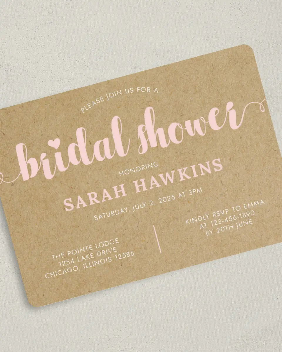 This is a 5" x 7" Bridal Shower Invitation called Sweetly Krafted printed in full color with Gold foil on Luxe Satin (coated) paper
