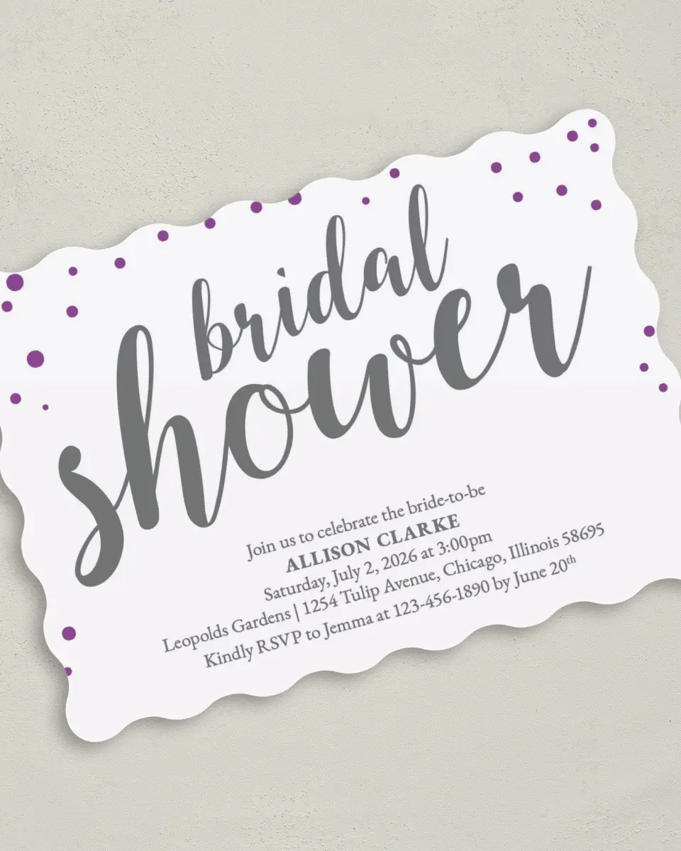 This is a 5" x 7" Bridal Shower Invitation called Starlight Splash printed in full color with Silver foil on Premium Smooth paper