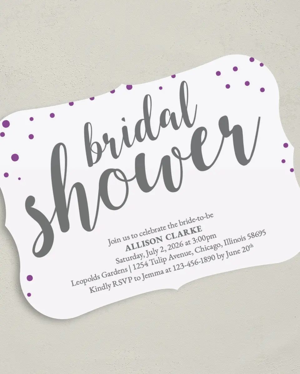 This is a 5" x 7" Bridal Shower Invitation called Starlight Splash printed in full color with Gold foil on Luxe Satin (coated) paper