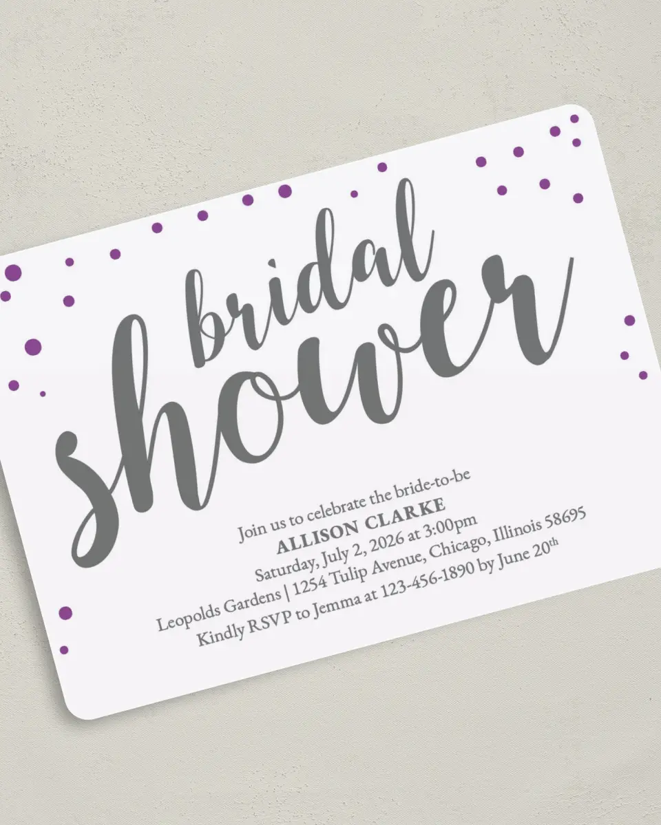 This is a 5" x 7" Bridal Shower Invitation called Starlight Splash printed in full color with Silver foil on Premium Smooth paper