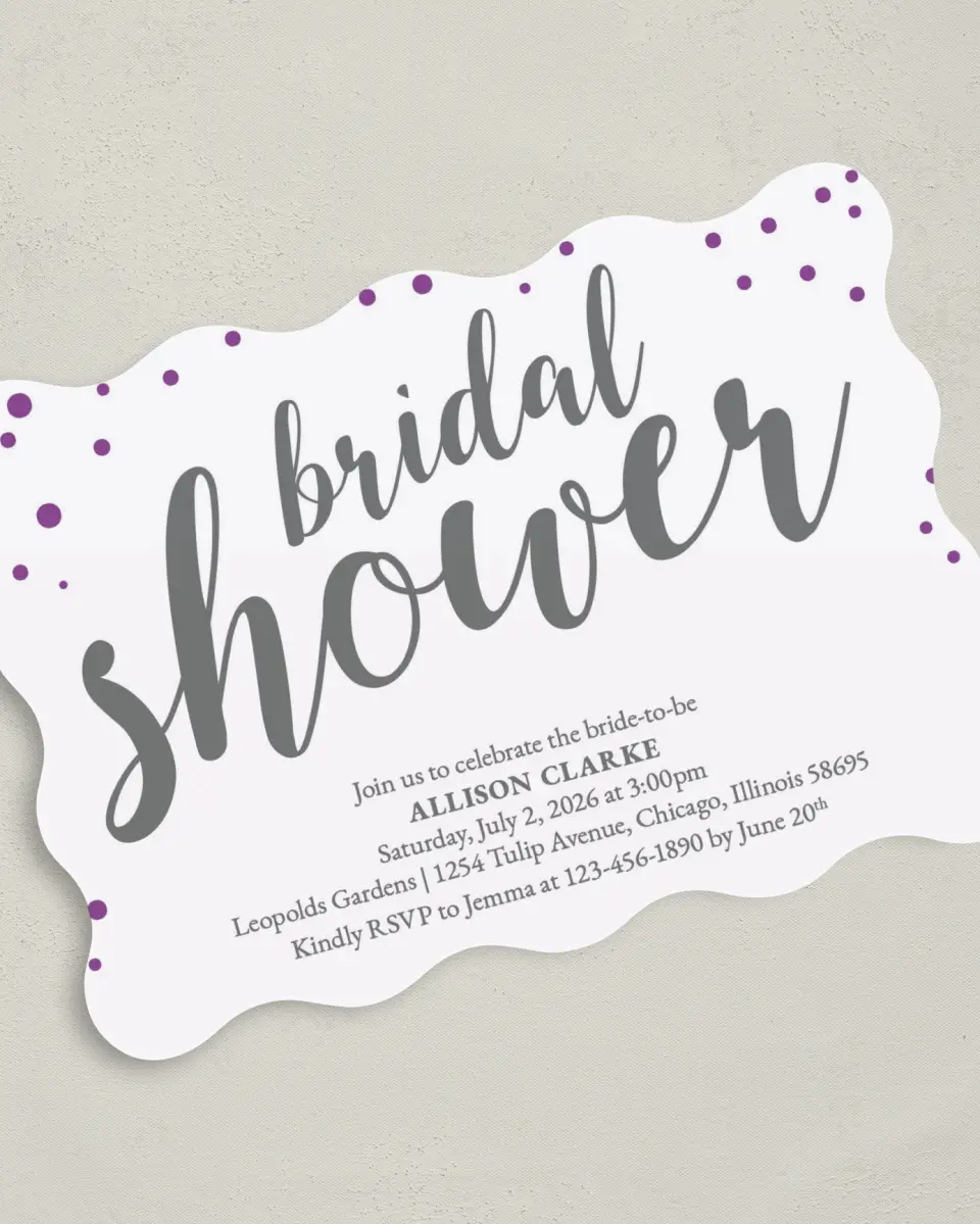 This is a 5" x 7" Bridal Shower Invitation called Starlight Splash printed in full color with Silver foil on Premium Smooth paper