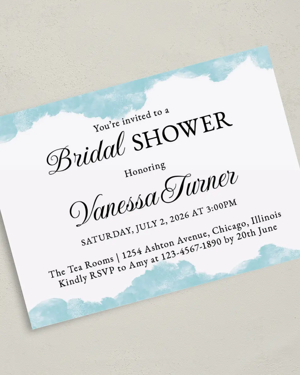 This is a 5" x 7" Bridal Shower Invitation called Painterly Posh printed in full color with Gold foil on Luxe Satin (coated) paper
